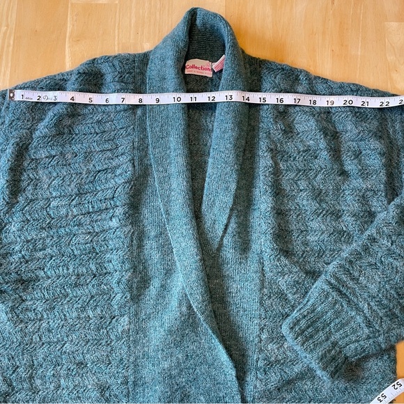 Vintage 80s Wool Blend Knit Double Breasted Shawl Collar Cardigan - Teal - Picture 10 of 13